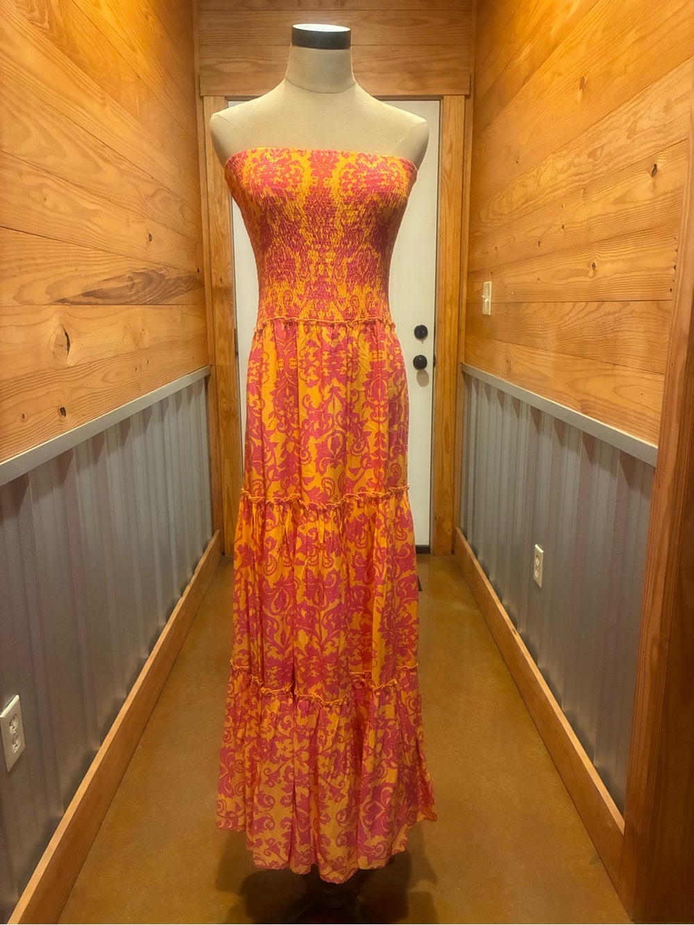 Smocked Strapless Tiered Maxi Dress in Pink and Yellow Scroll Print